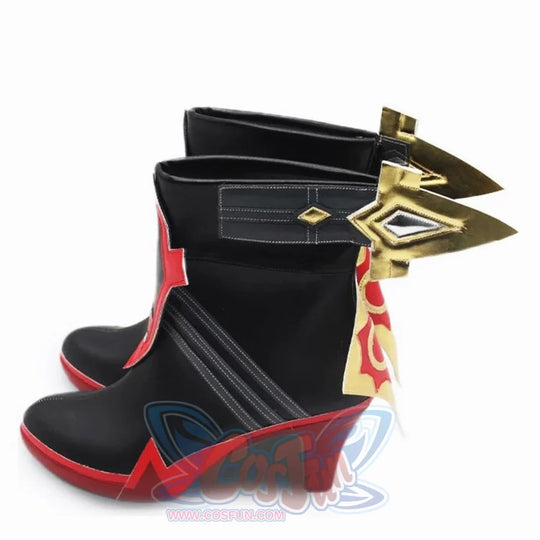 Genshin Impact Mavuika cosplay boots side profile frames white stitch lines beneath red overlays and gold-tone fins.