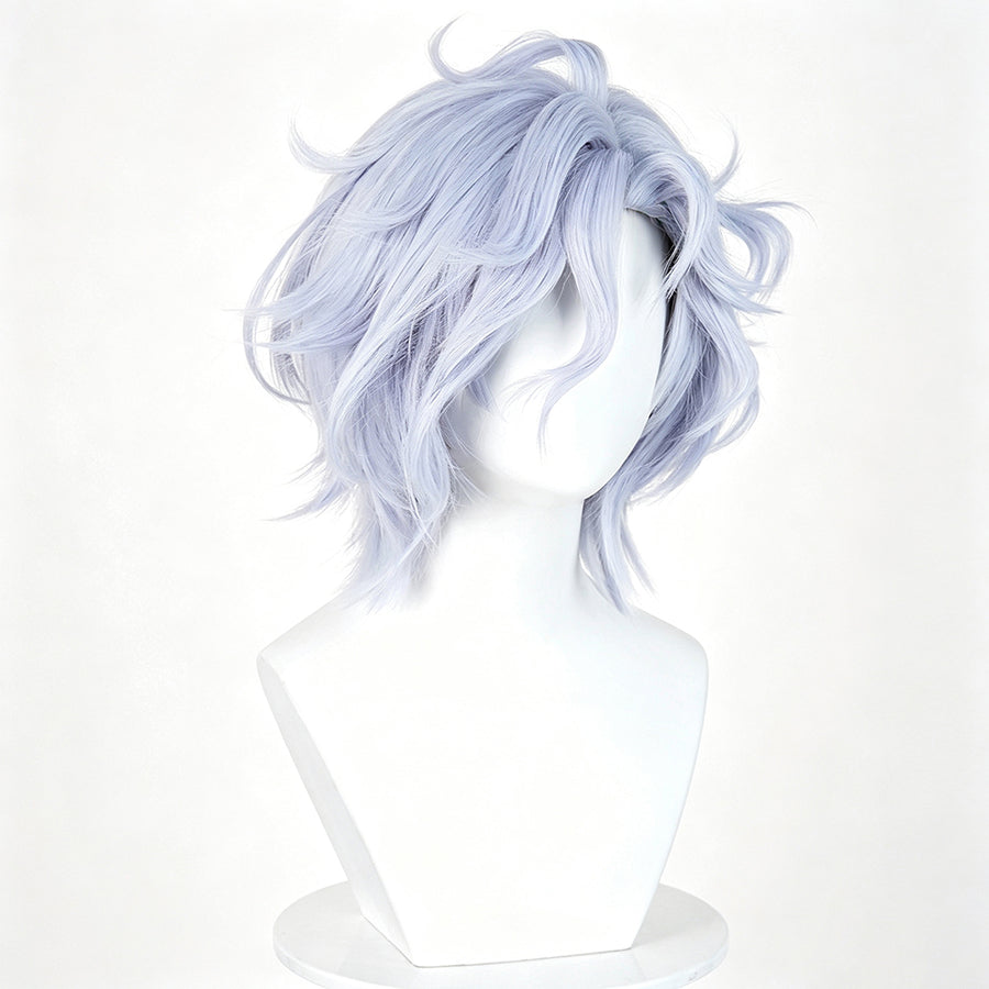 Genshin Impact Mitya cosplay wig angles lavender-blue waves across layered bangs and face-framing side pieces.