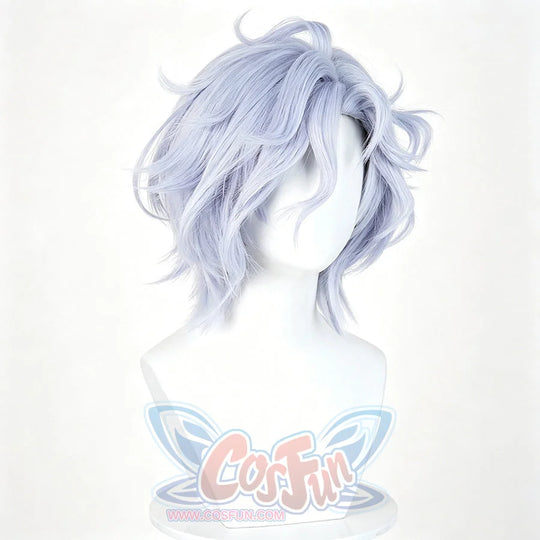 Genshin Impact Mitya cosplay wig angles lavender-blue waves across layered bangs and face-framing side pieces.