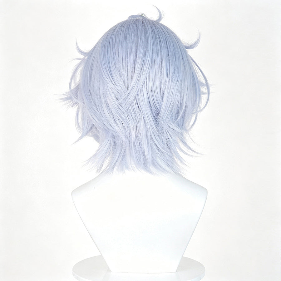 Genshin Impact Mitya cosplay wig frames the head with short wavy lavender blue high temperature fiber layers and spikes.