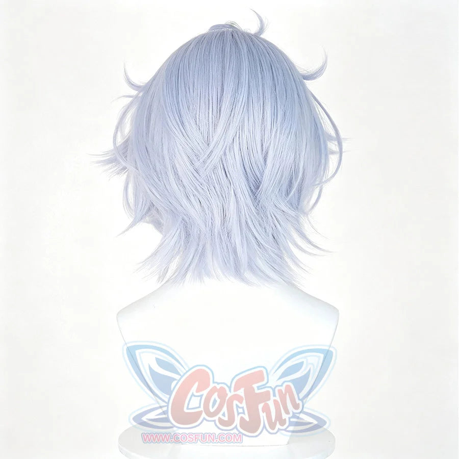 Genshin Impact Mitya cosplay wig frames the head with short wavy lavender blue high temperature fiber layers and spikes.