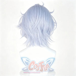 Genshin Impact Mitya cosplay wig frames the head with short wavy lavender blue high temperature fiber layers and spikes.