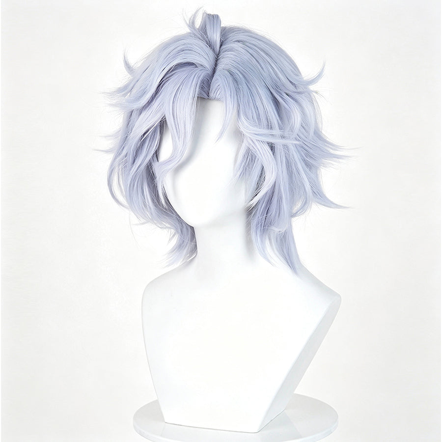 Genshin Impact Mitya cosplay wig layers short lavender blue wavy hair with soft volume to frame the character appearance.