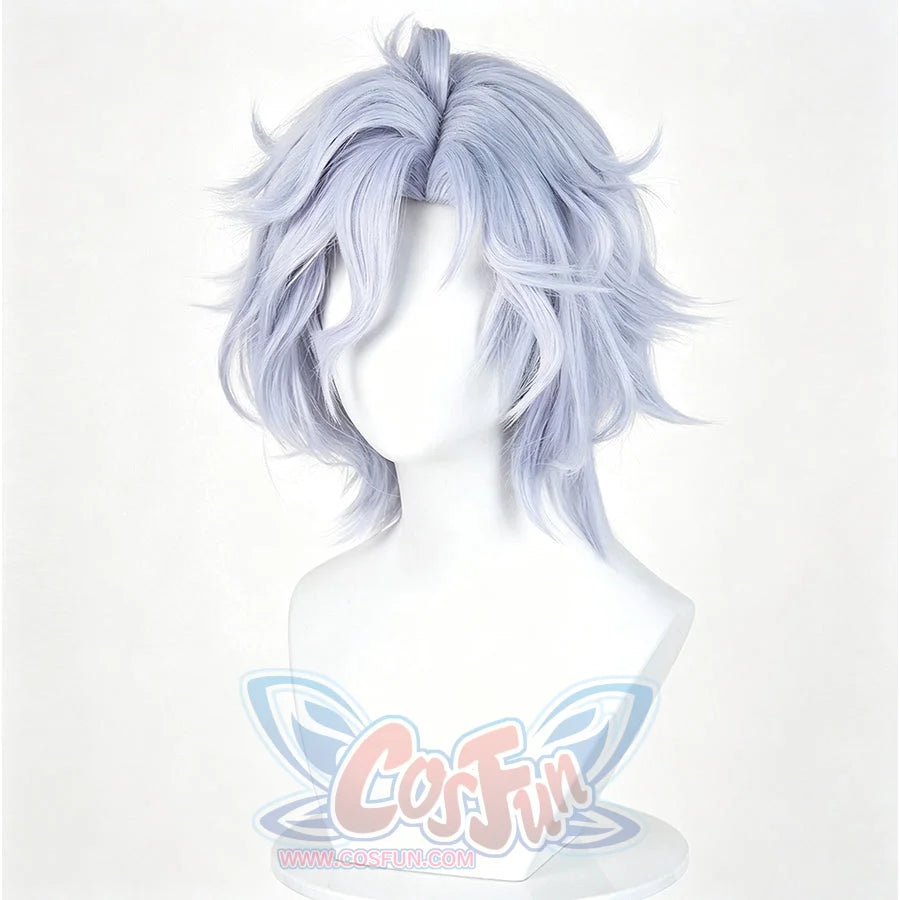 Genshin Impact Mitya cosplay wig layers short lavender blue wavy hair with soft volume to frame the character appearance.
