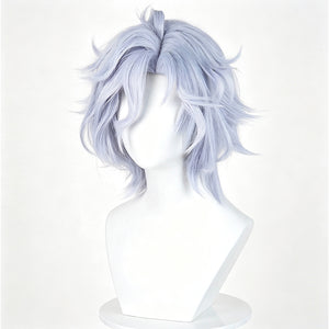 Genshin Impact Mitya cosplay wig layers short lavender blue wavy hair with soft volume to frame the character appearance.