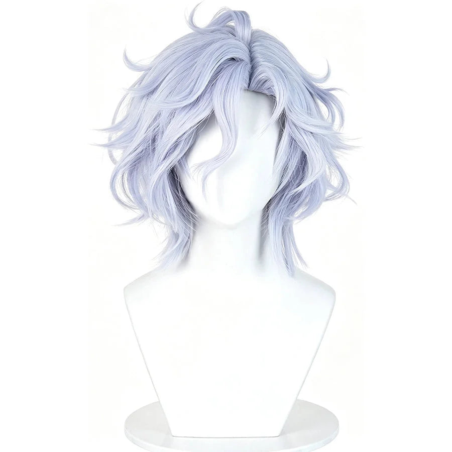 COSFUN Genshin Impact Mitya cosplay wig gathers soft lavender blue wavy high temperature fiber into a layered hair style.