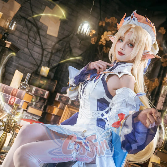 Genshin Impact Nicole Reeyn cosplay costume frames a white bodice through ruffled sleeves and shoulder panels.
