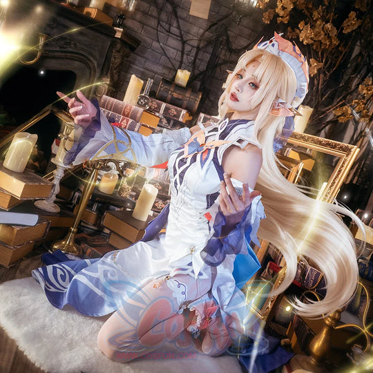 Genshin Impact Nicole Reeyn cosplay costume sets a pale blue hat above a white bodice and layered skirt.