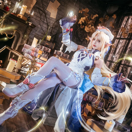 COSFUN Genshin Impact Nicole Reeyn cosplay costume layers a white dress over pantyhose in a seated full view.