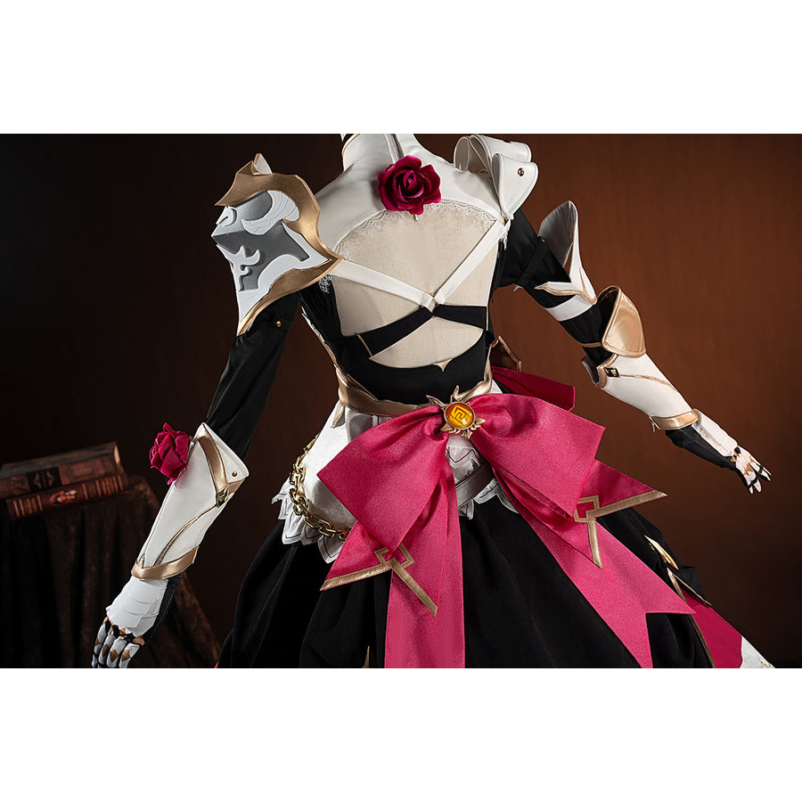 Genshin Impact Noelle cosplay costume angled back view centers the pink bow and white shoulder armor.