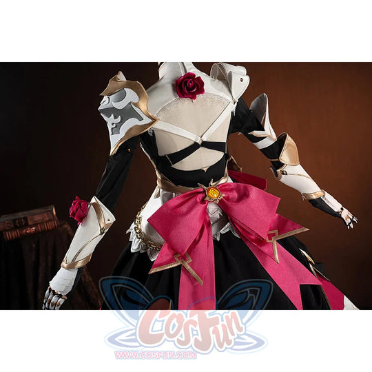 Genshin Impact Noelle cosplay costume angled back view centers the pink bow and white shoulder armor.