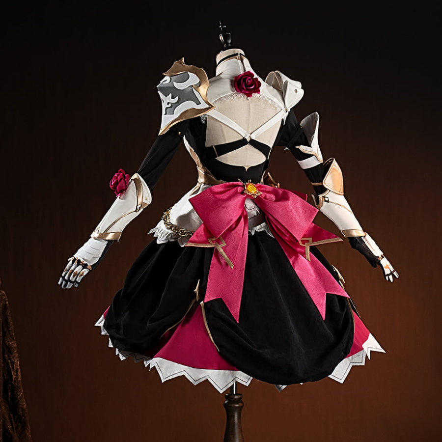 COSFUN Genshin Impact Noelle cosplay costume front view layers a white armored dress over black and red panels