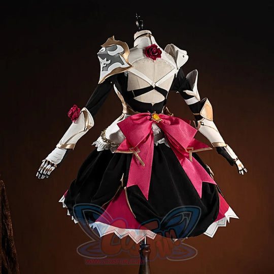 Genshin Impact Noelle cosplay costume back view highlights crossing black straps, a pink bow and white armor accents.