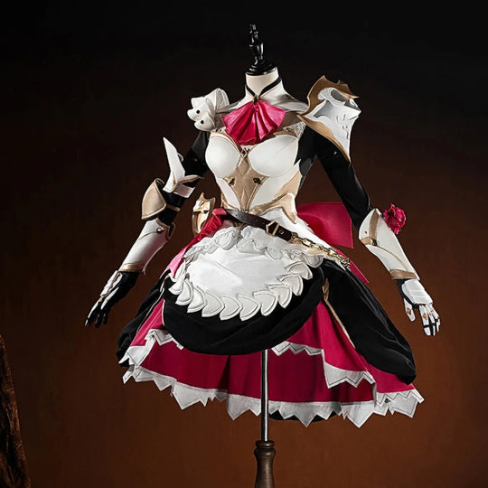COSFUN Genshin Impact Noelle cosplay costume front view layers a white armored dress over black and red panels