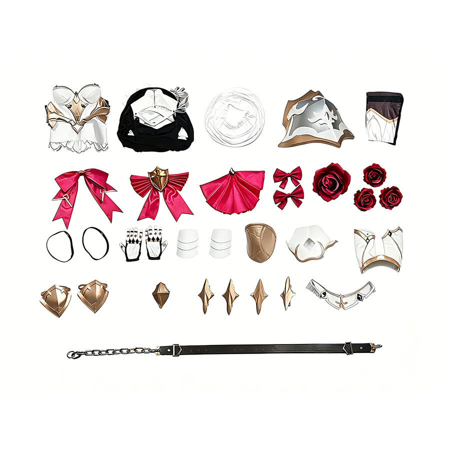 Genshin Impact Noelle cosplay costume flat lay arranges the dress pieces beside gloves, roses, armor and belt.