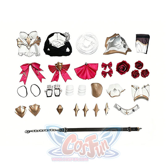 Genshin Impact Noelle cosplay costume flat lay arranges the dress pieces beside gloves, roses, armor and belt.