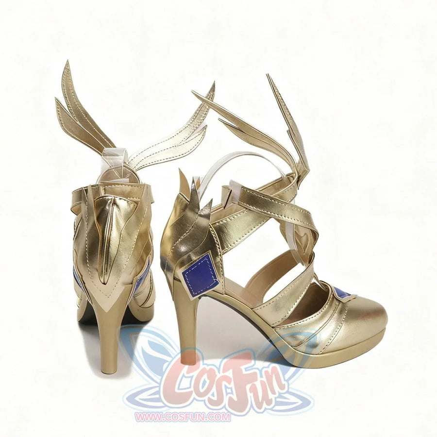 Genshin Impact Odette cosplay shoes frame rear wing pieces over gold-tone heels and crossed ankle straps.