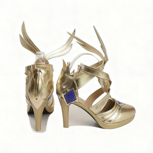 Genshin Impact Odette cosplay shoes frame rear wing pieces over gold-tone heels and crossed ankle straps.