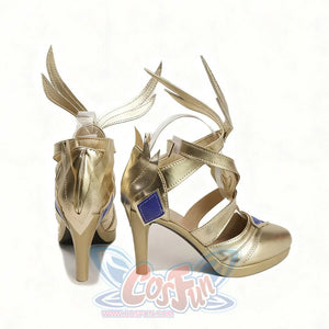 Genshin Impact Odette cosplay shoes frame rear wing pieces over gold-tone heels and crossed ankle straps.