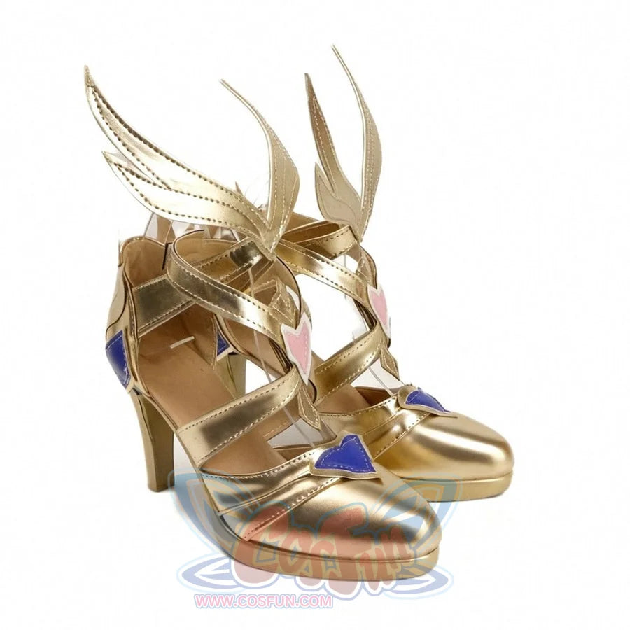 COSFUN Genshin Impact Odette cosplay shoes pair gold-tone heels with winged ankle straps and heart accents.