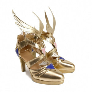 Genshin Impact Odette cosplay shoes set pink and blue heart accents across gold-tone crossed straps.