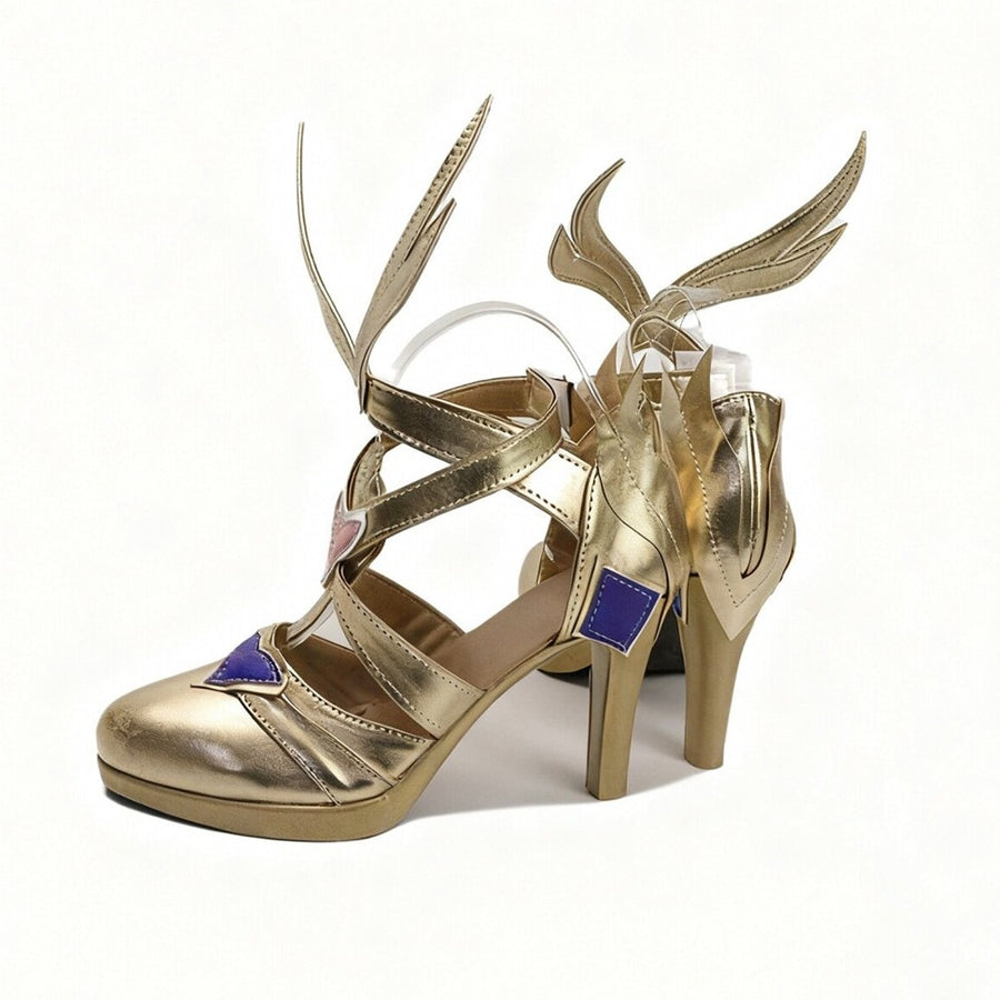 Genshin Impact Odette cosplay shoes angle gold-tone heels below winged straps and purple heart panels.