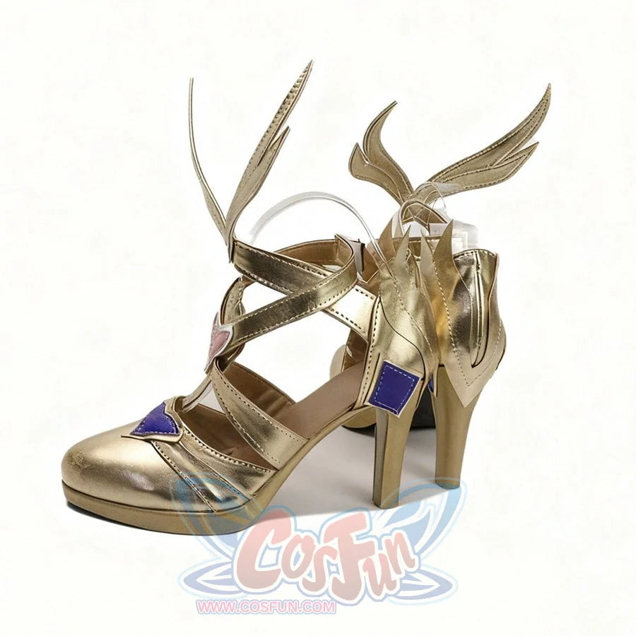 Genshin Impact Odette cosplay shoes angle gold-tone heels below winged straps and purple heart panels.