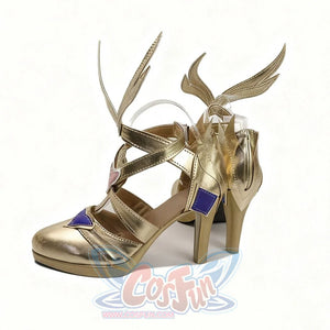 Genshin Impact Odette cosplay shoes angle gold-tone heels below winged straps and purple heart panels.