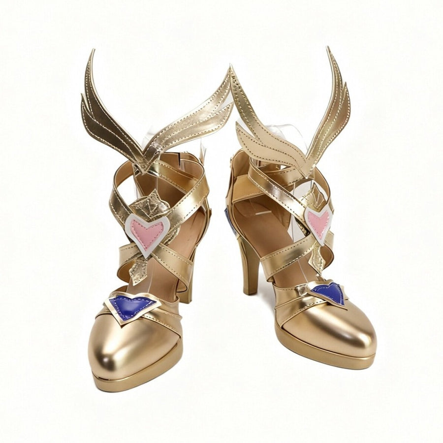 COSFUN Genshin Impact Odette cosplay shoes pair gold-tone heels with winged ankle straps and heart accents.
