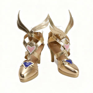 COSFUN Genshin Impact Odette cosplay shoes pair gold-tone heels with winged ankle straps and heart accents.