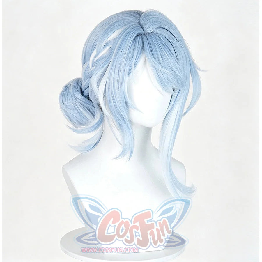 Genshin Impact Odette cosplay wig curves into light blue layers and anchors a side braid with a matching hair clip hairpiece.