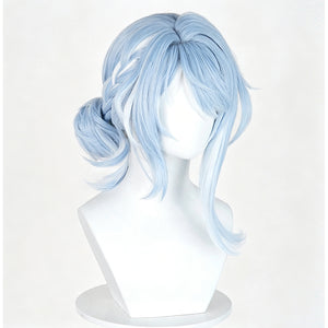 Genshin Impact Odette cosplay wig curves into light blue layers and anchors a side braid with a matching hair clip hairpiece.