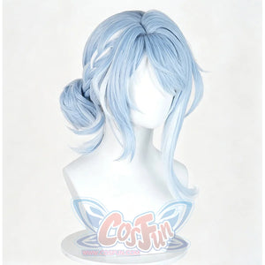 Genshin Impact Odette cosplay wig curves into light blue layers and anchors a side braid with a matching hair clip hairpiece.