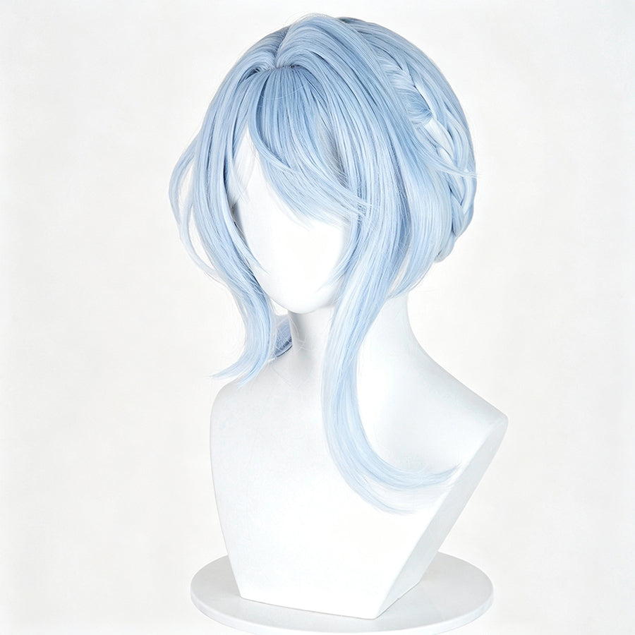 Genshin Impact Odette cosplay wig frames soft light blue hair fibers that gather into braided side layers and loose bangs.