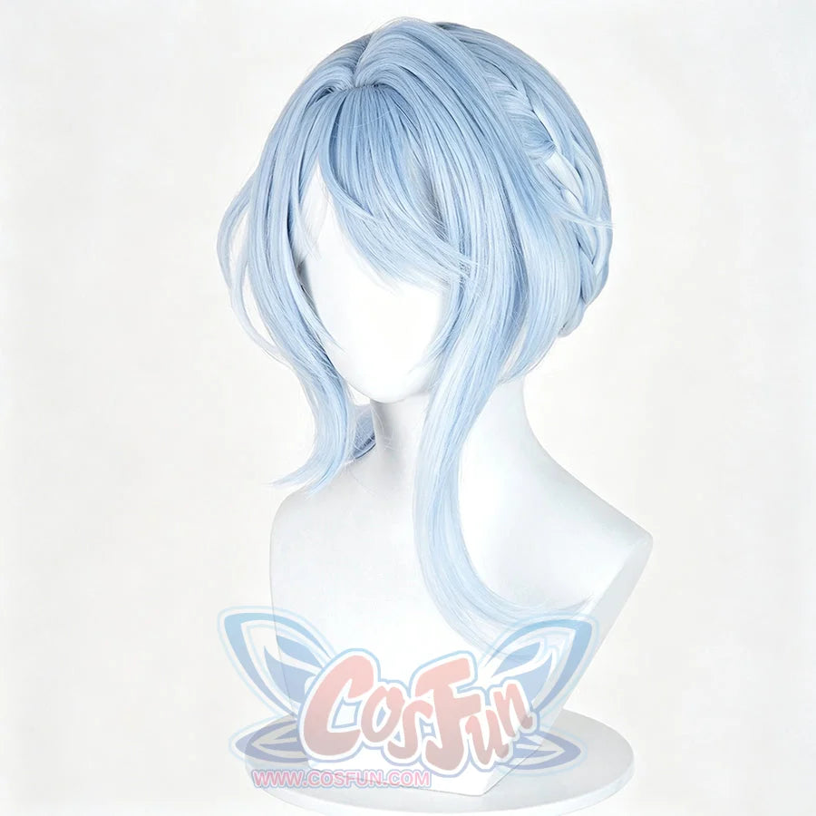 Genshin Impact Odette cosplay wig frames soft light blue hair fibers that gather into braided side layers and loose bangs.