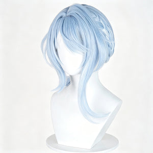 Genshin Impact Odette cosplay wig frames soft light blue hair fibers that gather into braided side layers and loose bangs.