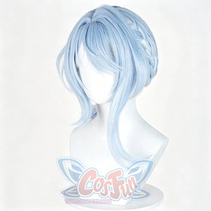 Genshin Impact Odette cosplay wig frames soft light blue hair fibers that gather into braided side layers and loose bangs.