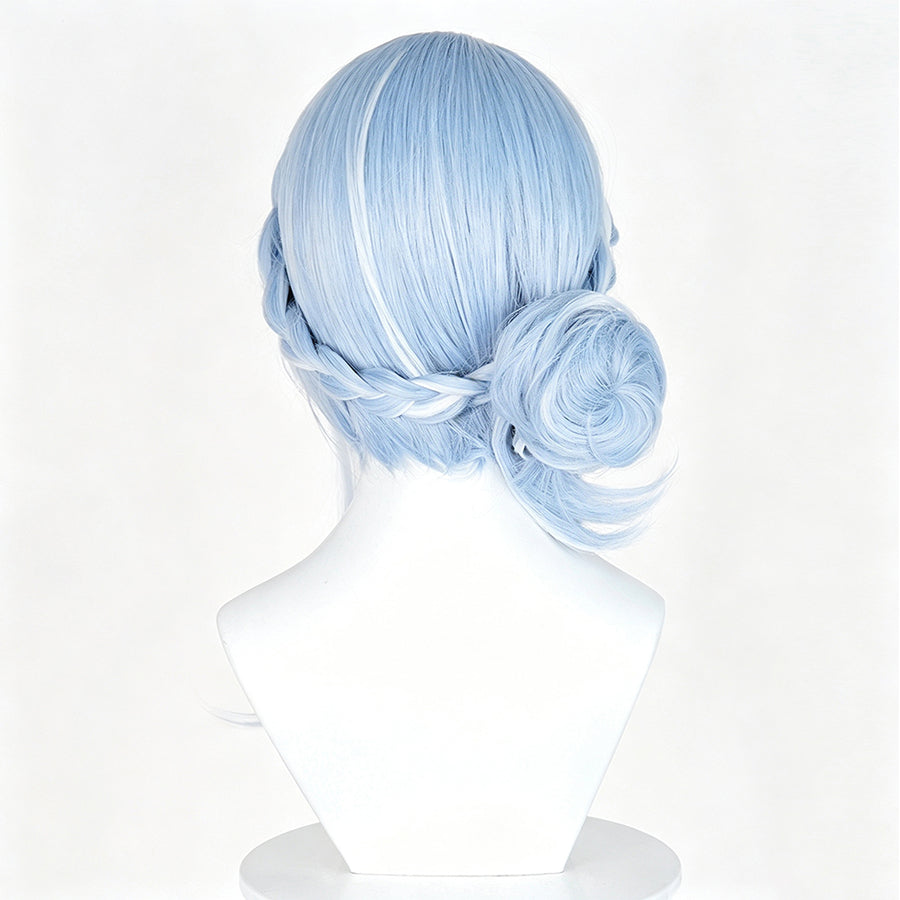 Genshin Impact Odette cosplay wig curves around a braided side section and gathers into a neat bun for character styling.