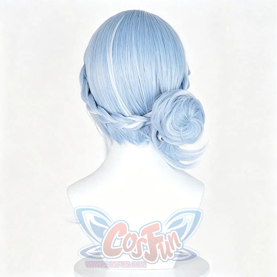 Genshin Impact Odette cosplay wig curves around a braided side section and gathers into a neat bun for character styling.