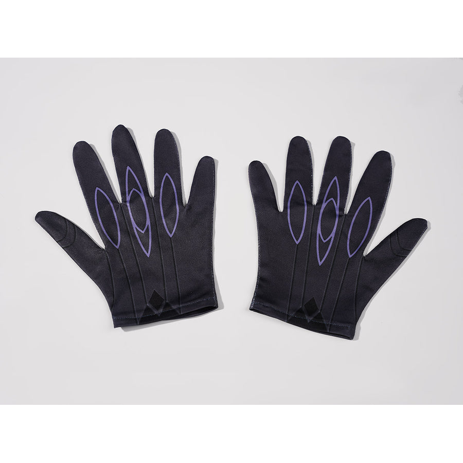 Genshin Impact Pantalone cosplay gloves lay flat as a pair with purple linework across black fingers.