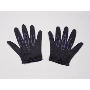 Genshin Impact Pantalone cosplay gloves lay flat as a pair with purple linework across black fingers.