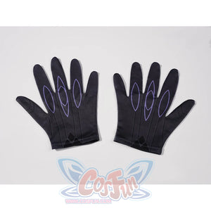 Genshin Impact Pantalone cosplay gloves lay flat as a pair with purple linework across black fingers.