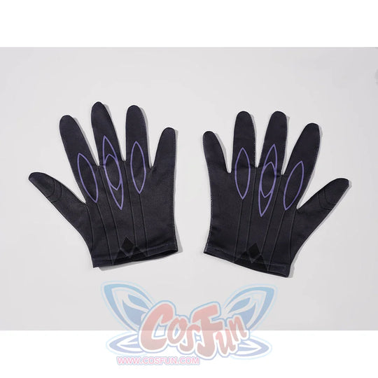 Genshin Impact Pantalone cosplay gloves lay flat as a pair with purple linework across black fingers.