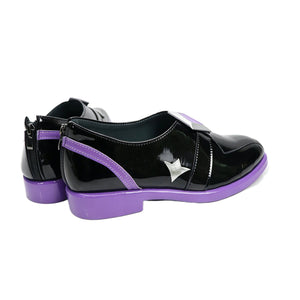 Genshin Impact Pantalone cosplay shoes centers matte black shoes with purple soles silver-tone star accents and back zippers.