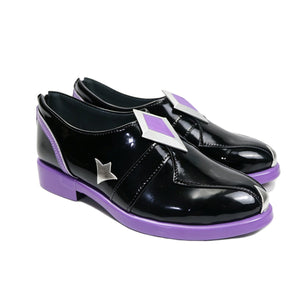 Genshin Impact Pantalone cosplay shoes centers glossy black matte PU leather finish with purple soles.