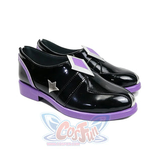 Genshin Impact Pantalone cosplay shoes centers glossy black matte PU leather finish with purple soles.