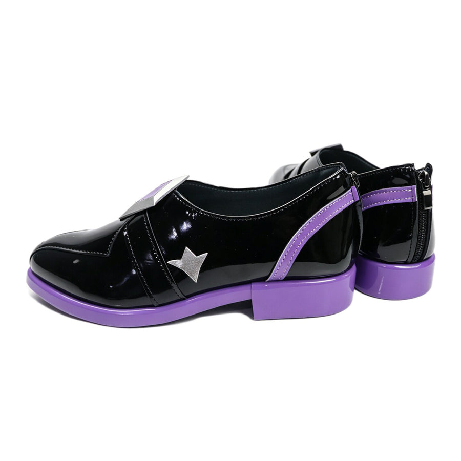 Genshin Impact Pantalone cosplay shoes centers black matte PU leather surface with purple soles and silver-tone.