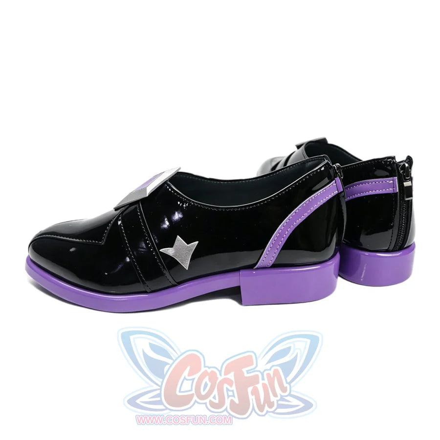 Genshin Impact Pantalone cosplay shoes centers black matte PU leather surface with purple soles and silver-tone.