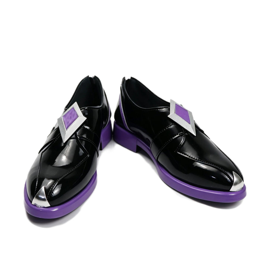 COSFUN Genshin Impact Pantalone cosplay shoes centers matte black PU leather loafers with purple soles.