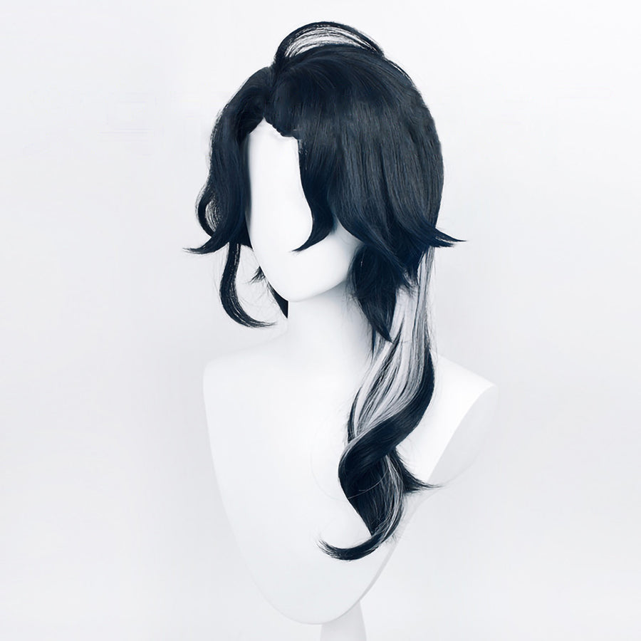 Genshin Impact Pantalone cosplay wig centers long black wavy hair with distinctive white highlights along the lower layers.